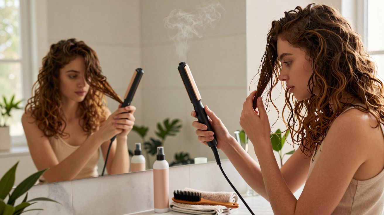 Mulher encaracolada a alisar o cabelo com prancha num espelho de casa de banho.