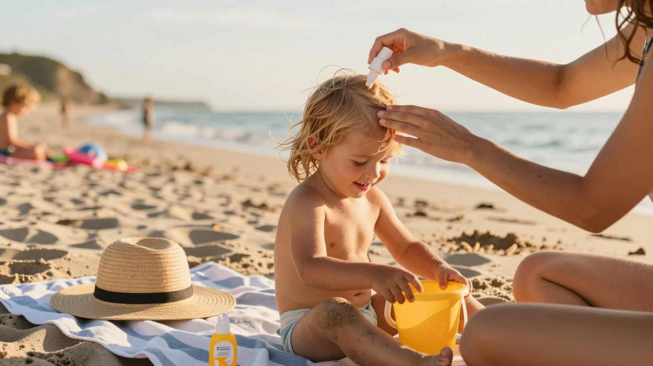 Criança sentada na areia da praia a receber aplicação de protetor solar por um adulto.