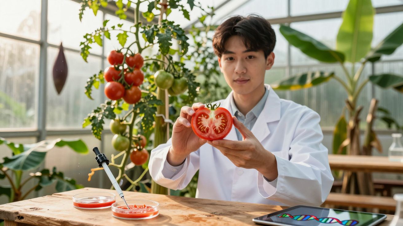 Cientista em laboratório mostra tomate cortado ao meio, com plantas e petri com extrato de tomate à frente.