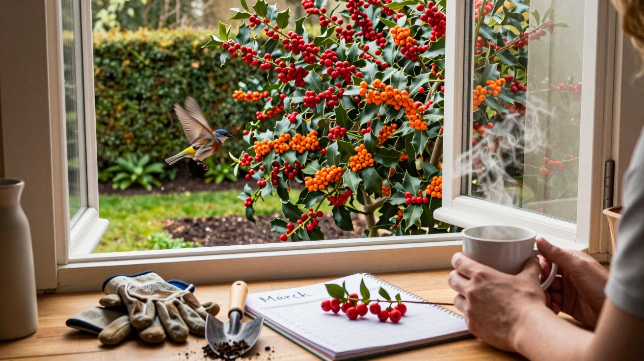 Janela aberta com vista para arbusto de azevinho com bagas, passarinho a voar e mãos a segurar chá quente na mesa.
