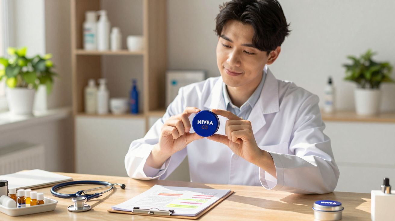 Homem de bata branca segurando pote de creme Nivea, sentado à secretária com estetoscópio e papéis.