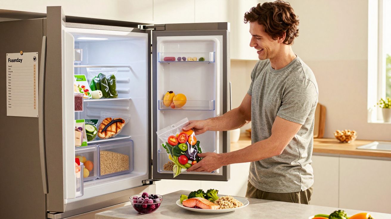 Homem a retirar legumes frescos num saco da porta aberta de um frigorífico moderno na cozinha.