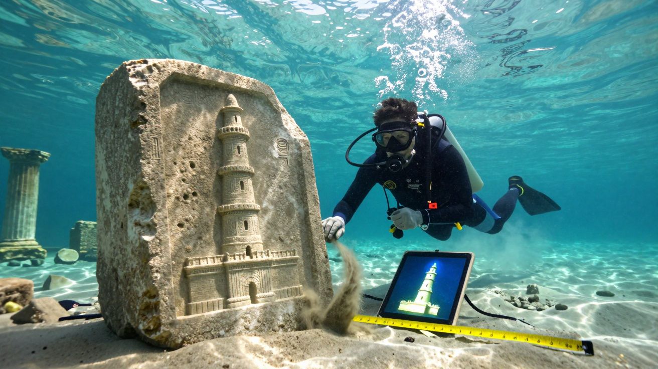 Mergulhador inspeciona escultura subaquática de farol numa zona com colunas antigas e água cristalina.