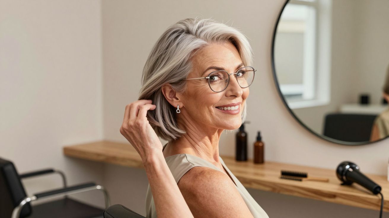 Mulher sénior com cabelo grisalho curto e óculos, sorridente num salão de cabeleireiro.