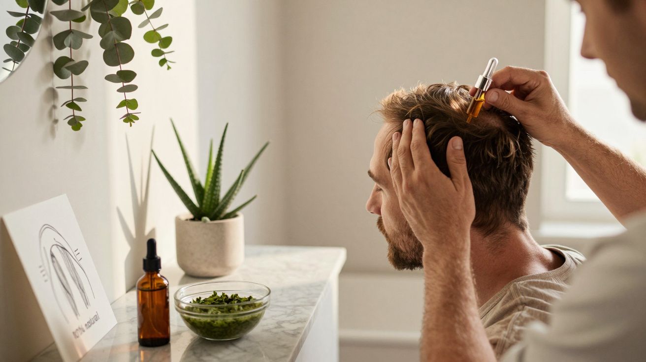 Homem aplicar óleo capilar no couro cabeludo num ambiente calmo com plantas e luz natural.