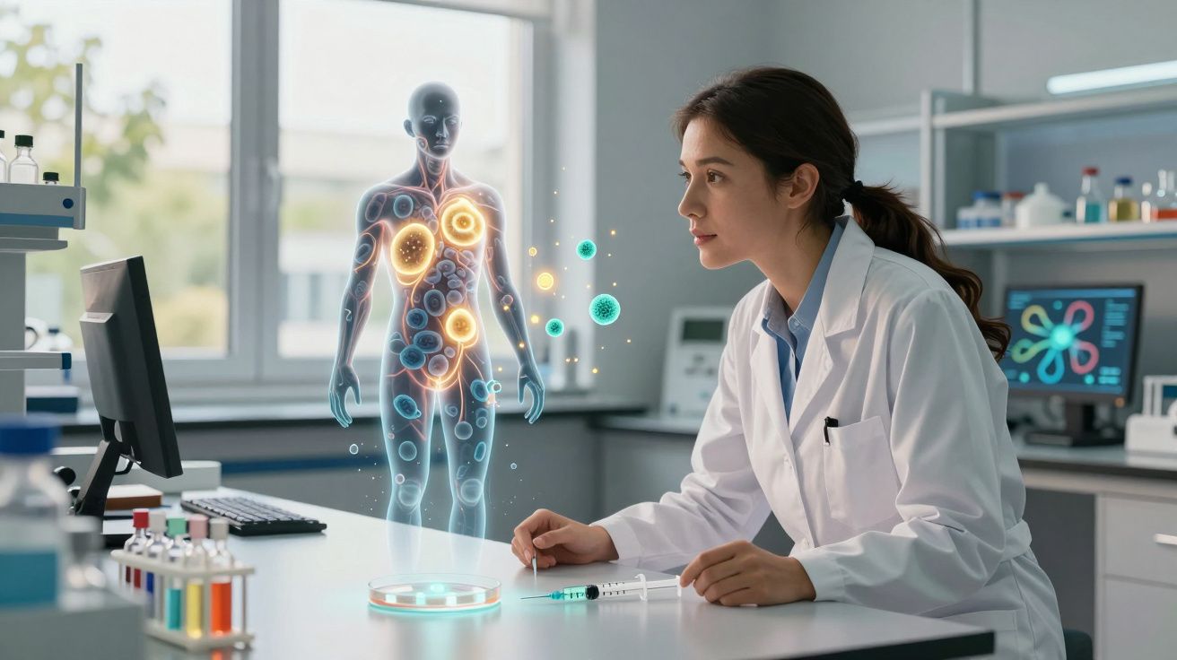 Cientista feminina em laboratório a analisar modelo holográfico do corpo humano com células e vírus destacados.