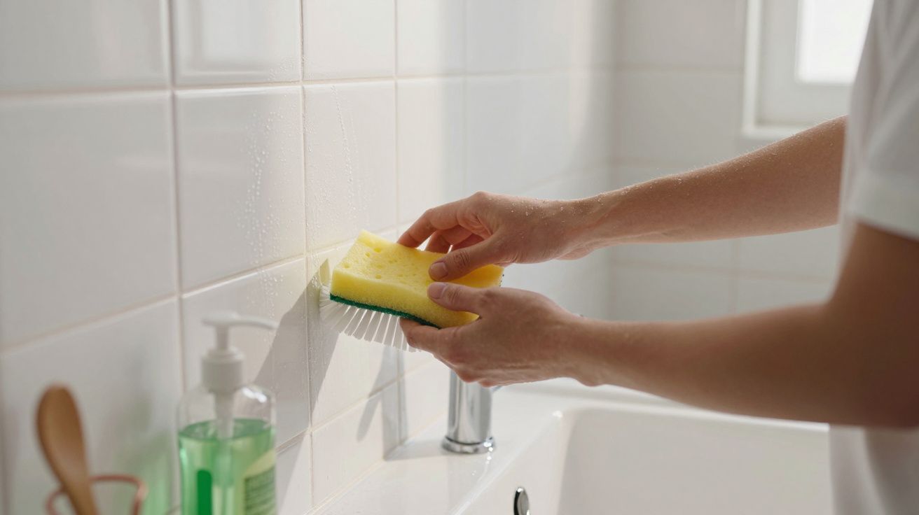 Mãos a lavar azulejos brancos de casa de banho com uma esponja amarela junto a uma pia branca.