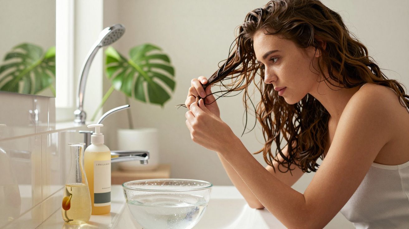 Mulher com cabelo molhado penteia os fios junto a uma pia com bacia de água, sabonete e planta ao fundo.