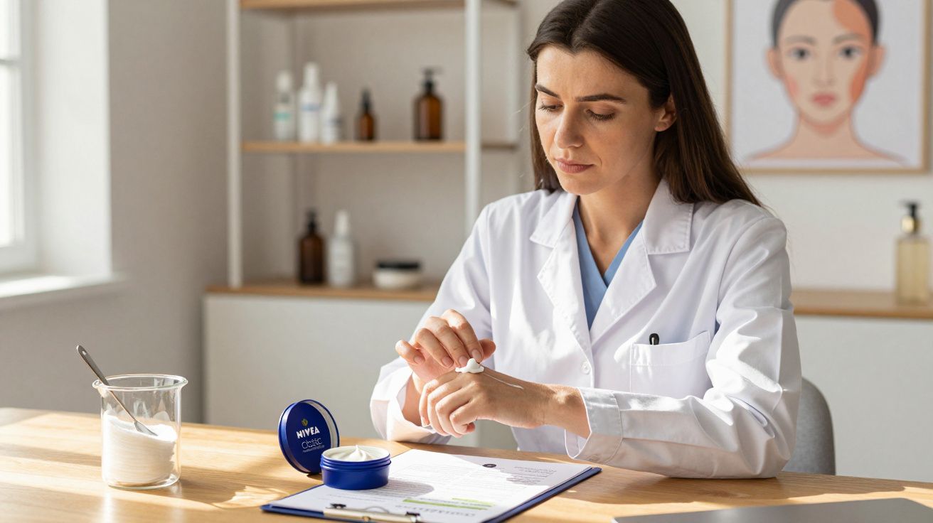 Mulher em bata branca aplica creme nas mãos sentada numa mesa com produtos de pele e documentos.