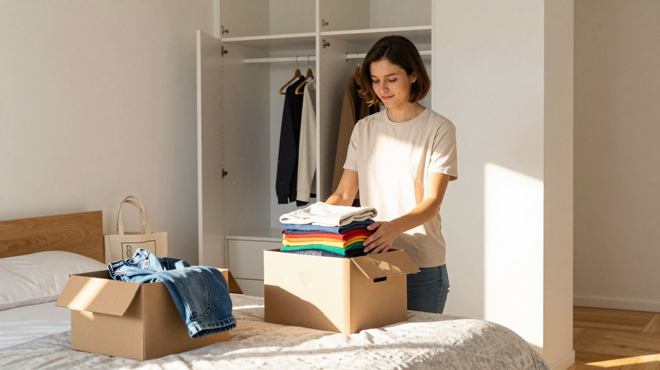Mulher a arrumar roupa dobrada numa caixa de cartão num quarto luminoso com armário aberto ao fundo.