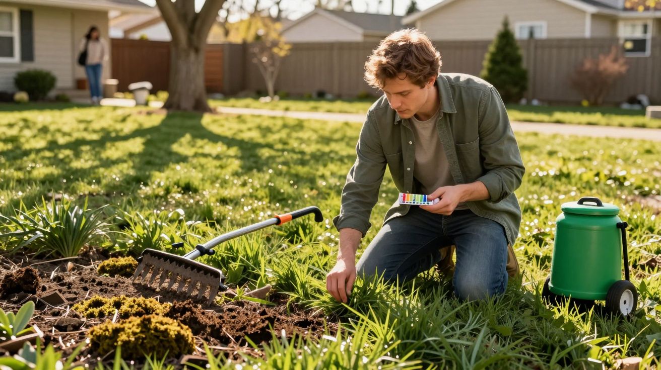 Homem a analisar plantas numa horta com ferramenta e pulverizador num jardim residencial ao sol.
