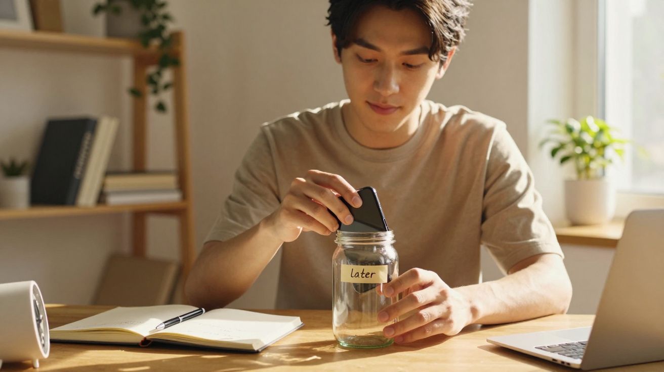 Homem guarda telemóvel num frasco de vidro com etiqueta "later" numa mesa com caderno e computador portátil.