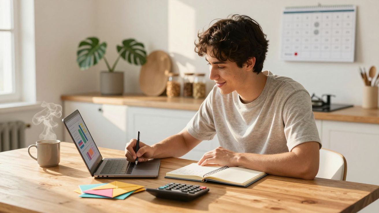 Jovem a estudar em casa com computador portátil, caderno, calculadora e chá quente numa cozinha iluminada.