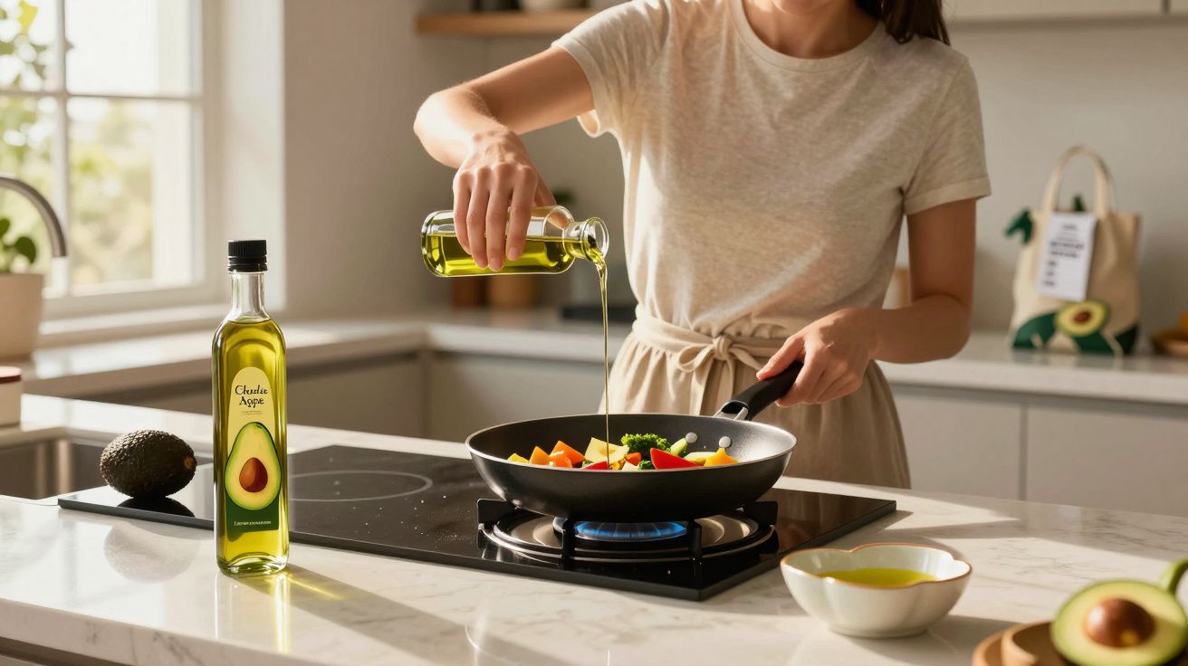 Pessoa a cozinhar legumes numa frigideira, a verter azeite de abacate numa cozinha moderna e iluminada.