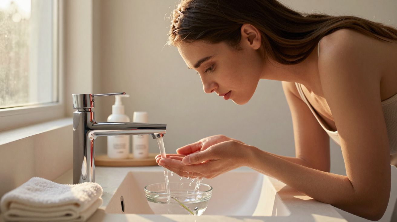 Mulher a lavar o rosto com água numa casa de banho iluminada pela luz natural.