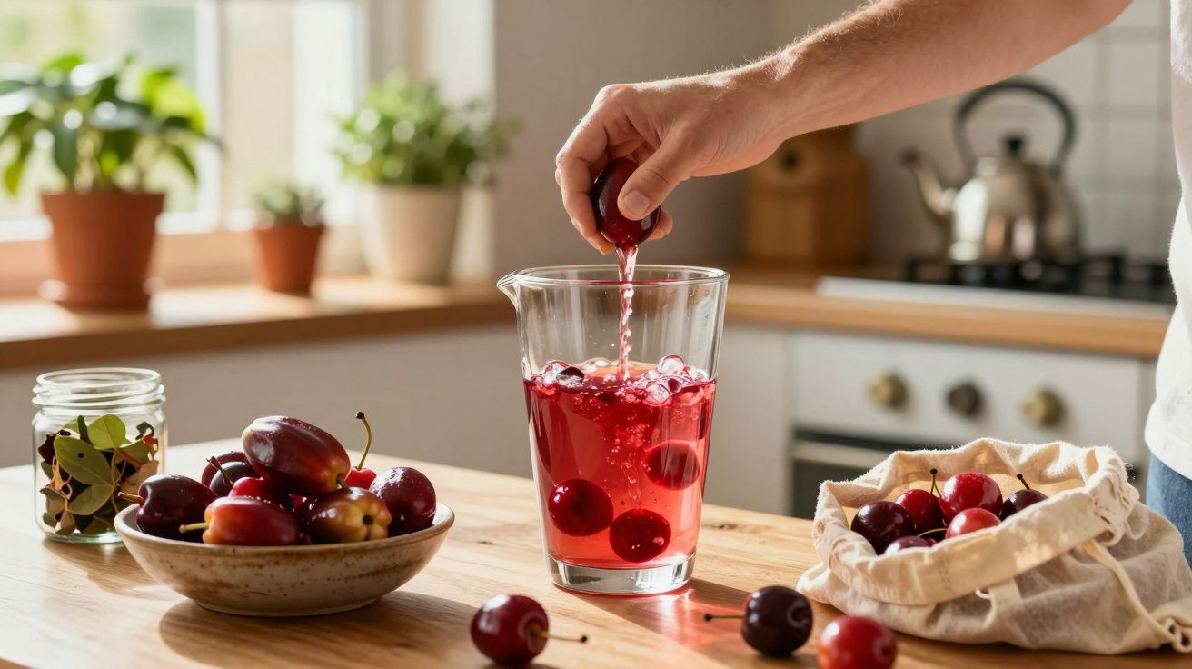 Mão a colocar cerejas num copo com líquido vermelho sobre uma mesa de cozinha com frutas e plantas.
