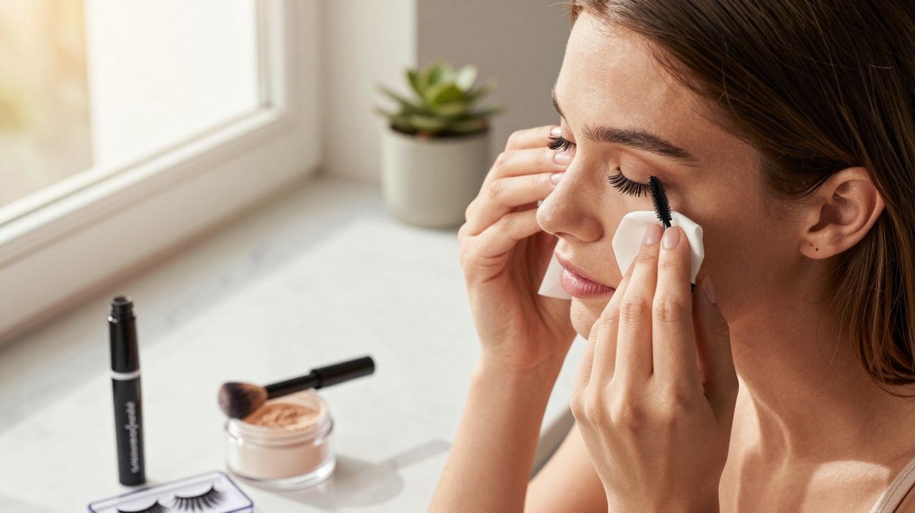 Mulher a remover rímel dos cílios com um disco de algodão junto a uma janela iluminada.