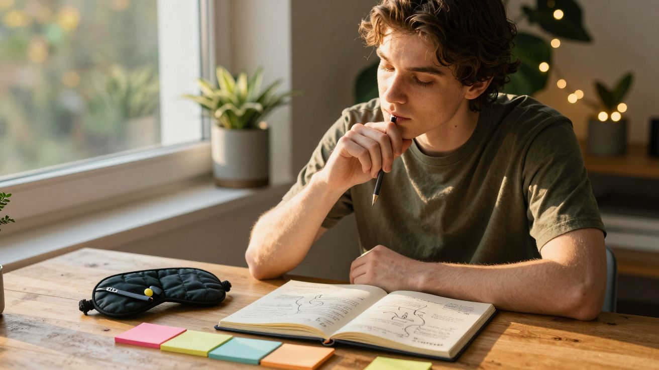 Jovem a estudar numa mesa de madeira, a pensar com uma caneta na mão e um caderno aberto à sua frente.