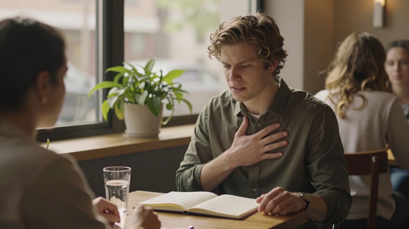 Homem jovem sentado à mesa com expressão de desconforto, segurando o peito enquanto lê um livro.