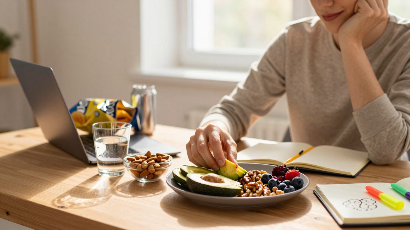 Pessoa a comer snacks saudáveis enquanto estuda com portátil, caderno e canetas numa mesa de madeira.