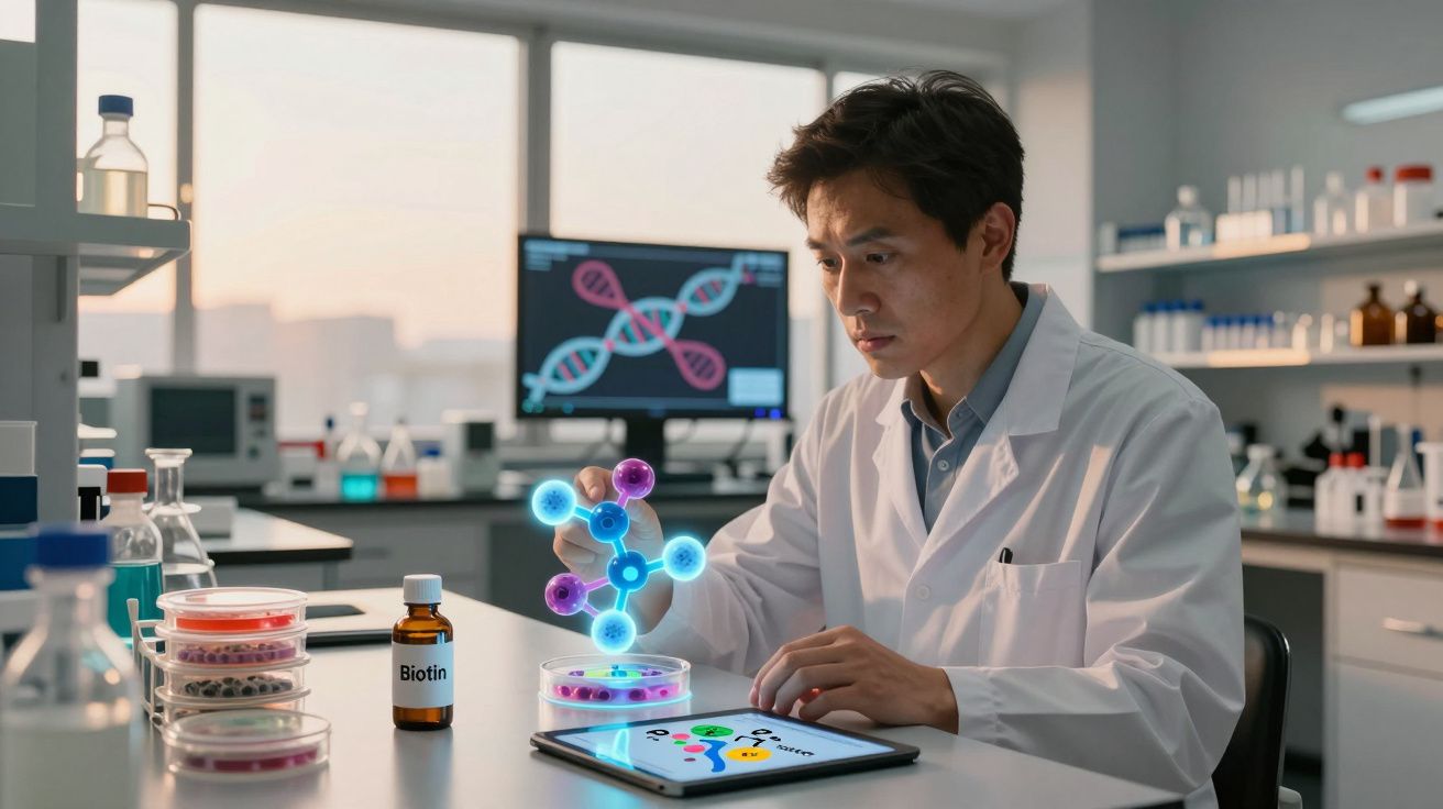 Cientista em laboratório a analisar modelo molecular holográfico e informações num tablet.