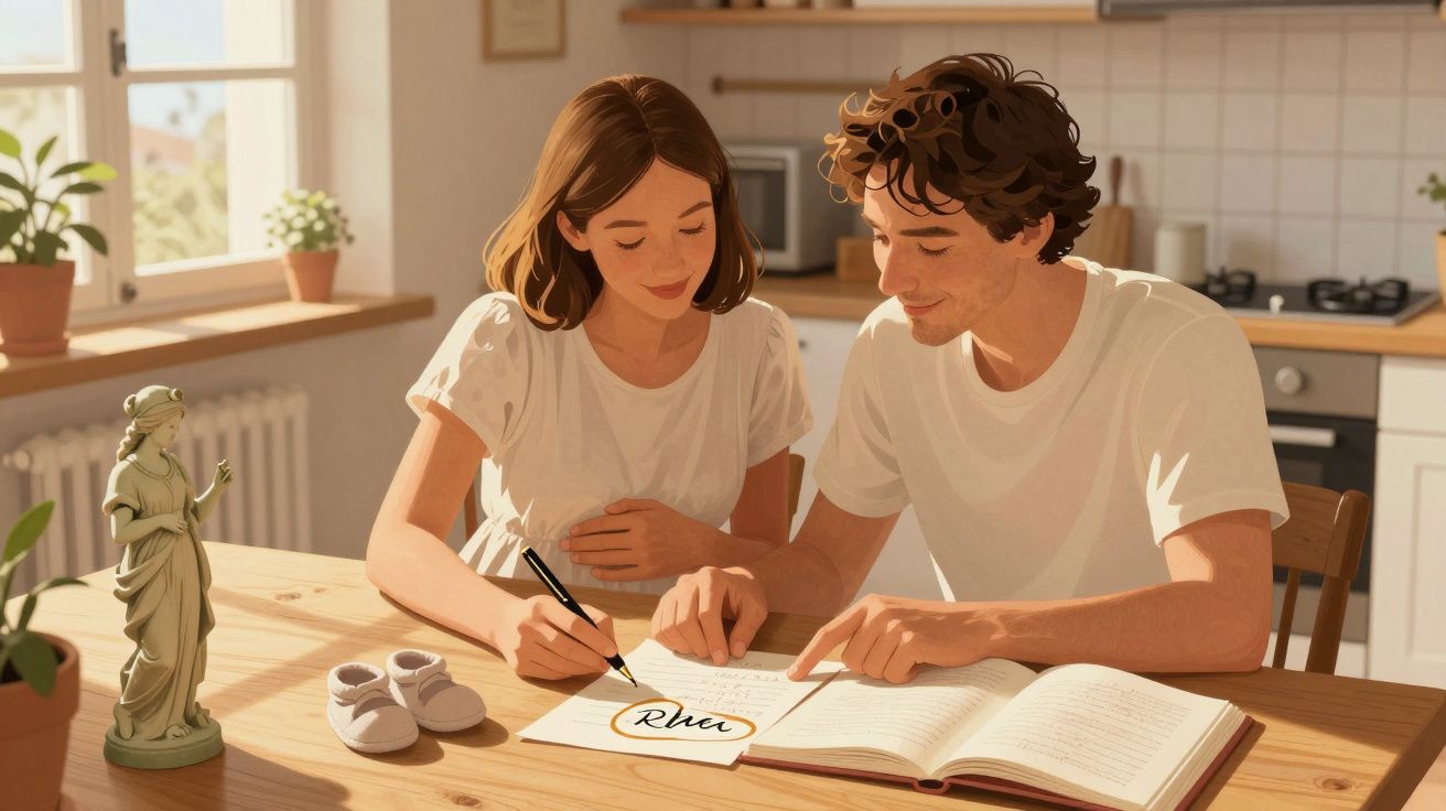 Casal jovem a preparar documentos numa mesa de cozinha iluminada, com sapatinhos de bebé e estátua decorativa.