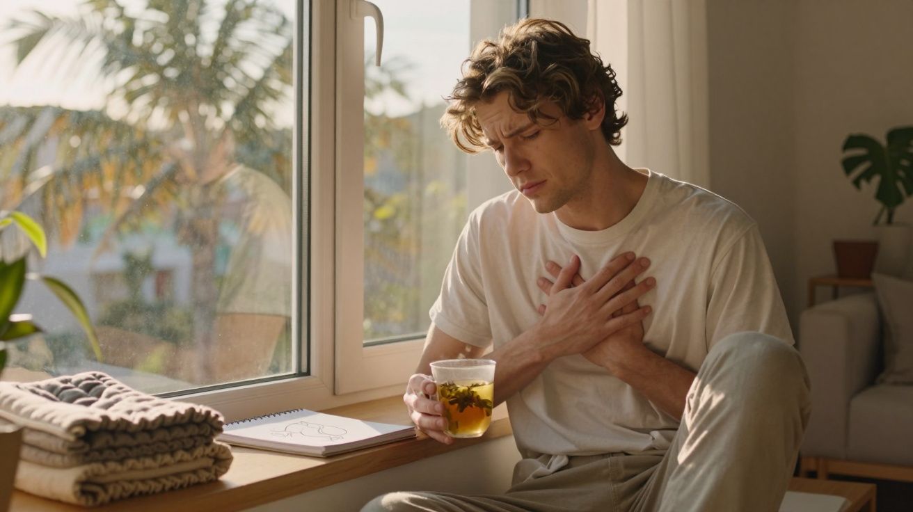 Homem sentado junto a uma janela com expressão de dor e as mãos no peito, segurando um chá.