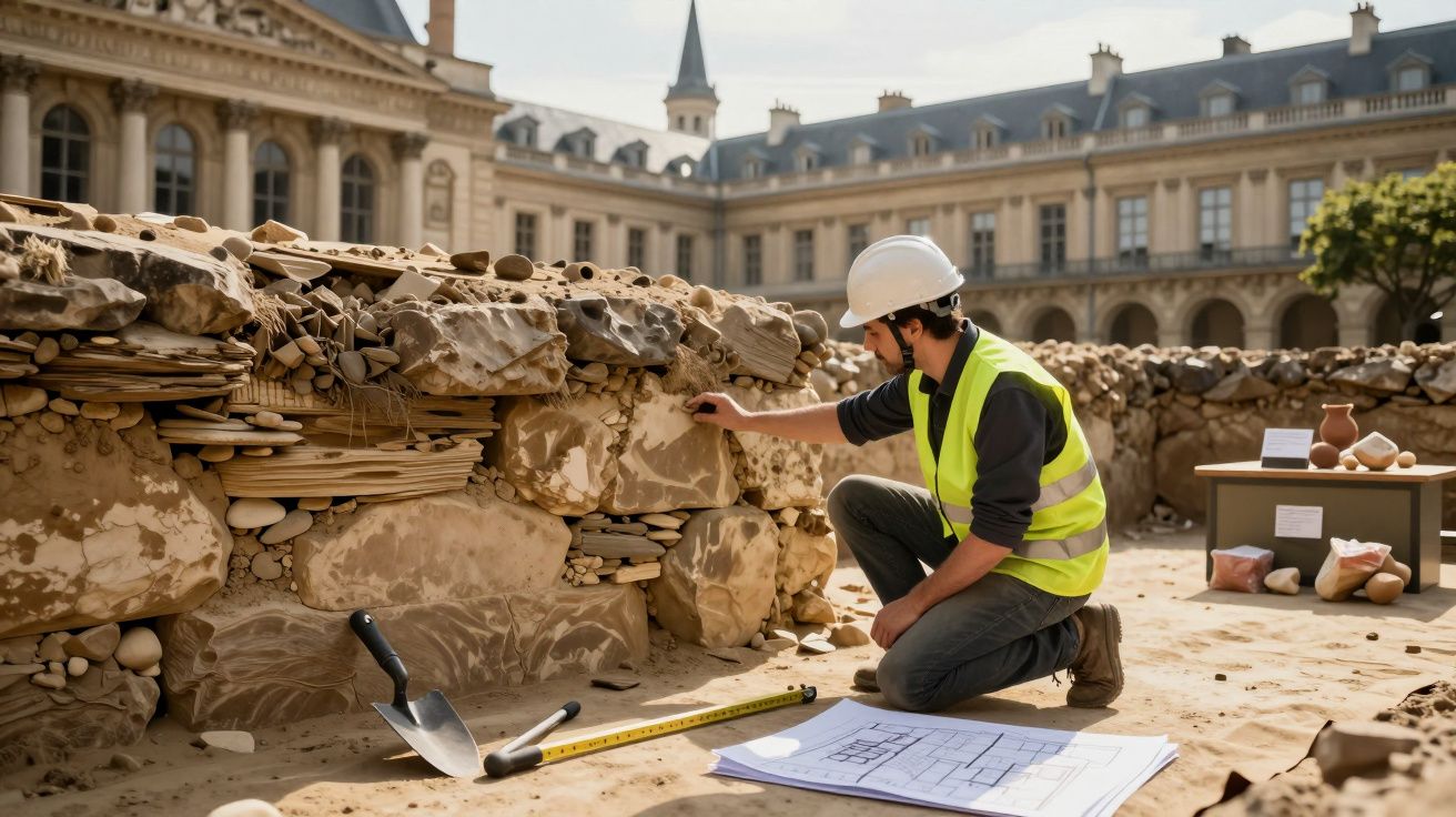 Arqueólogo com capacete e colete reflete sobre ruínas antigas num sítio arqueológico ao ar livre.