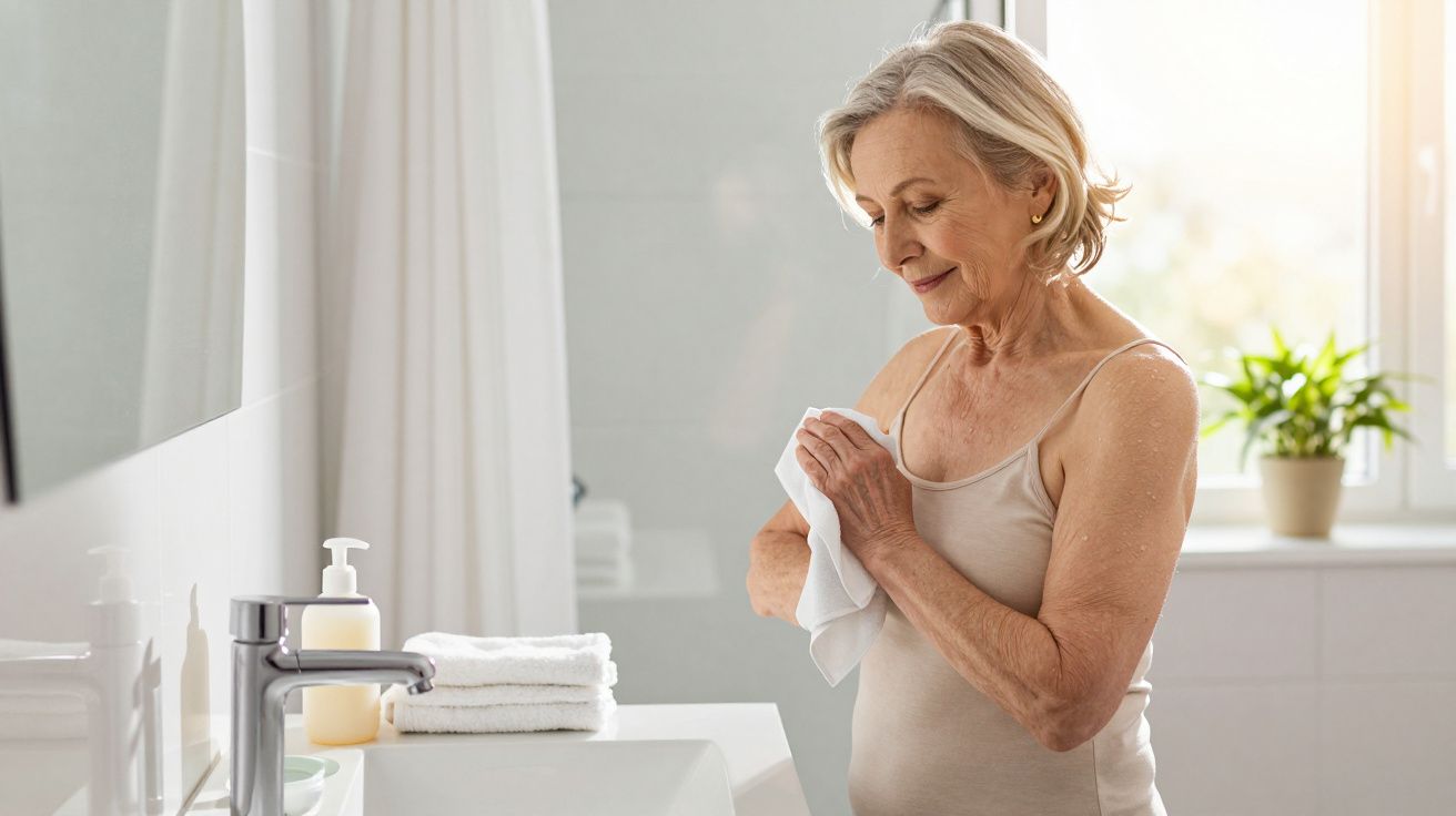 Mulher idosa a secar o braço com uma toalha, em casa de banho iluminada, ao lado de pia e janela.