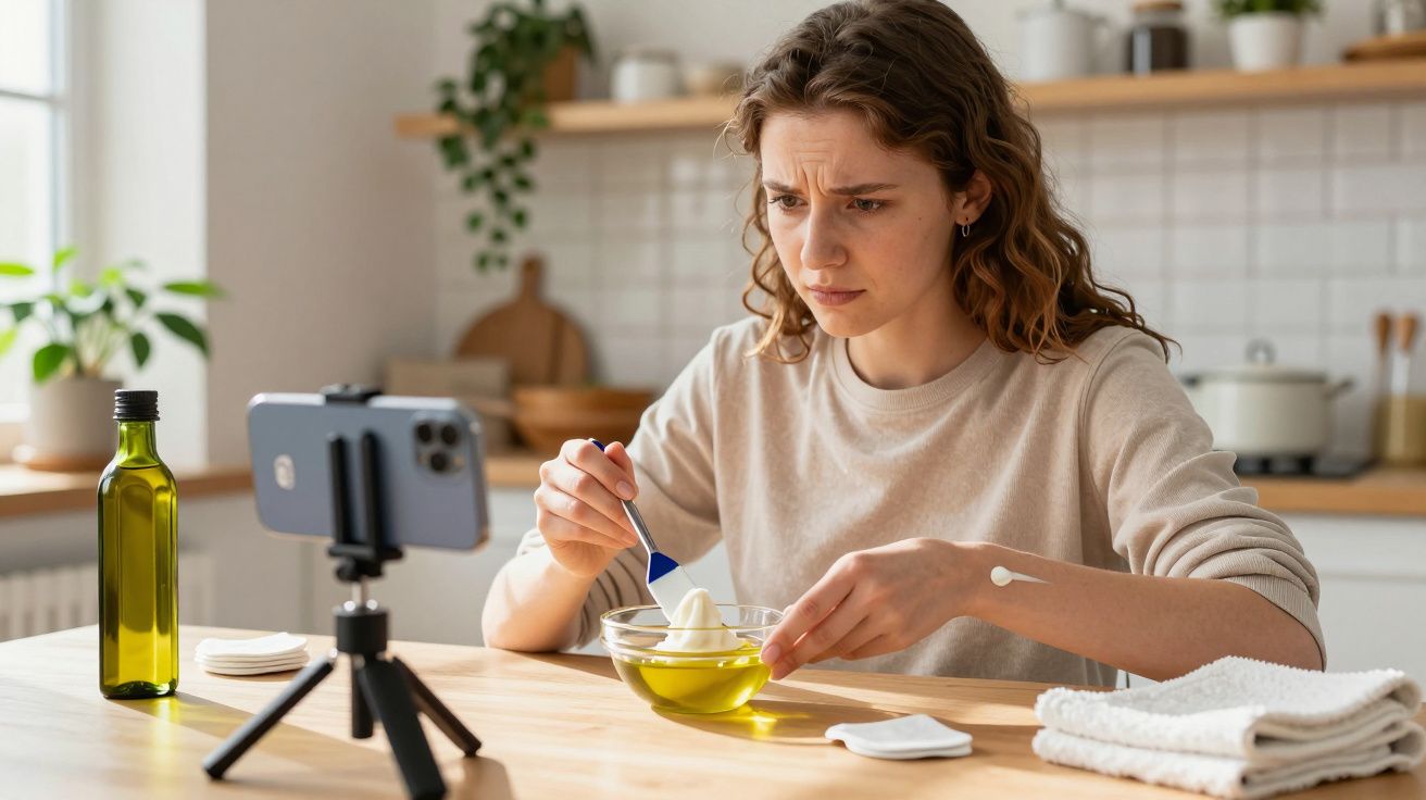 Mulher na cozinha grava vídeo ao experimentar mistura caseira com óleo e creme, com expressão de dúvida.