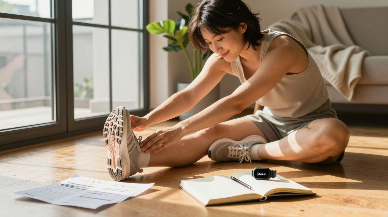 Mulher a fazer alongamentos no chão junto a janela, com caderno aberto e relógio inteligente ao lado.