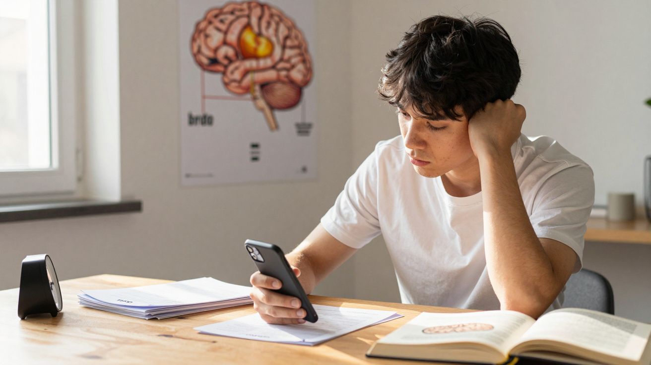 Jovem sentado a estudar, a olhar para o telemóvel numa mesa com livros e papéis, quadro de cérebro ao fundo.