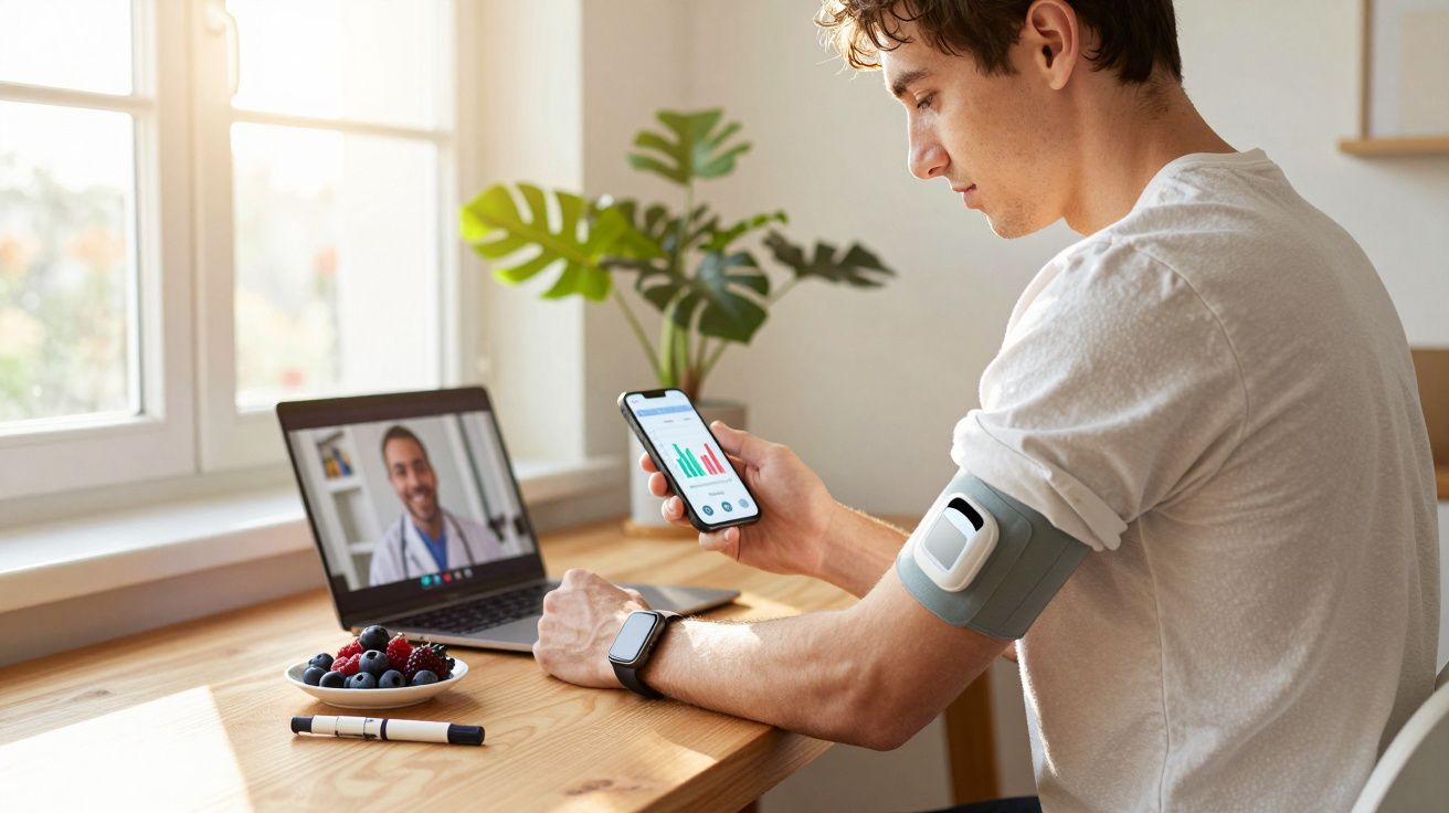 Homem a medir a pressão arterial e a consultar dados no telemóvel durante consulta médica online.