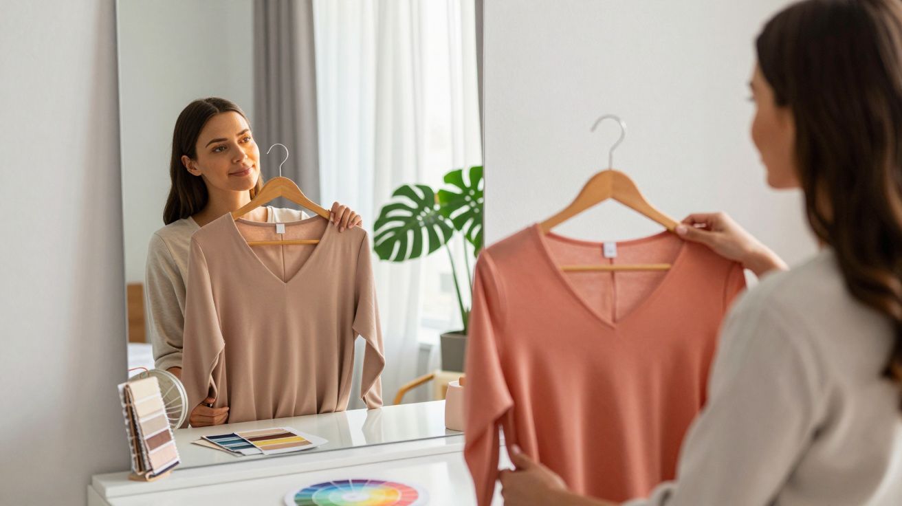 Mulher a escolher entre duas blusas cor-de-rosa claro, frente ao espelho num quarto iluminado.
