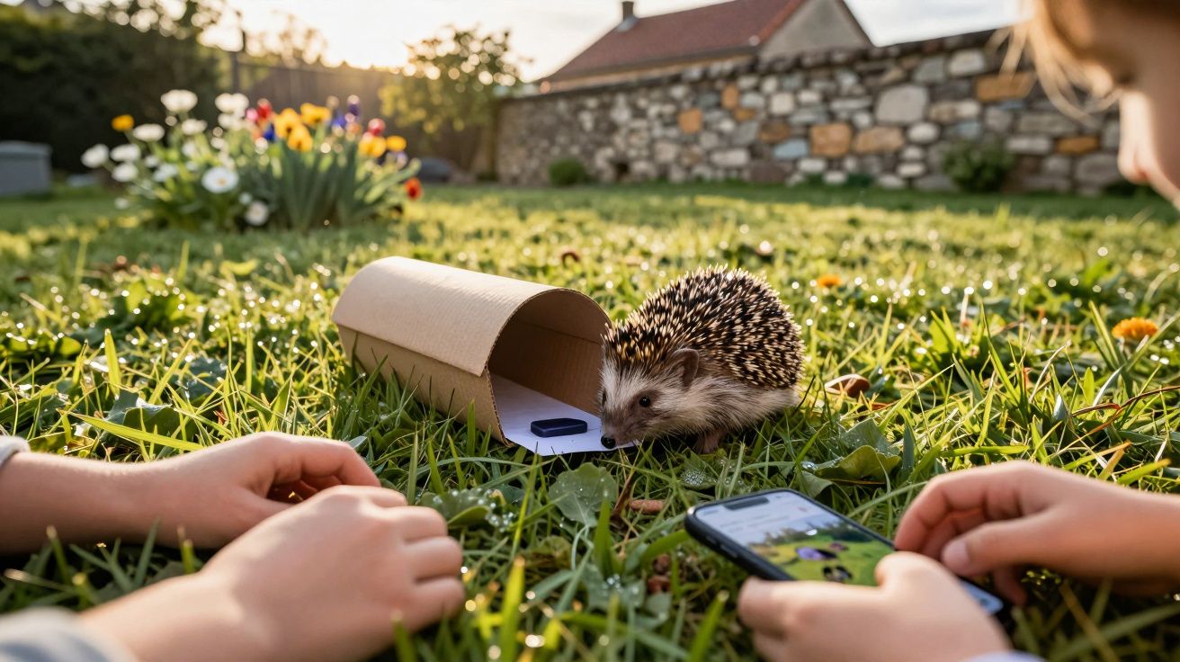 Toupeira a sair de caixa de papelão na relva com duas crianças a observar e fotografar com telemóvel.