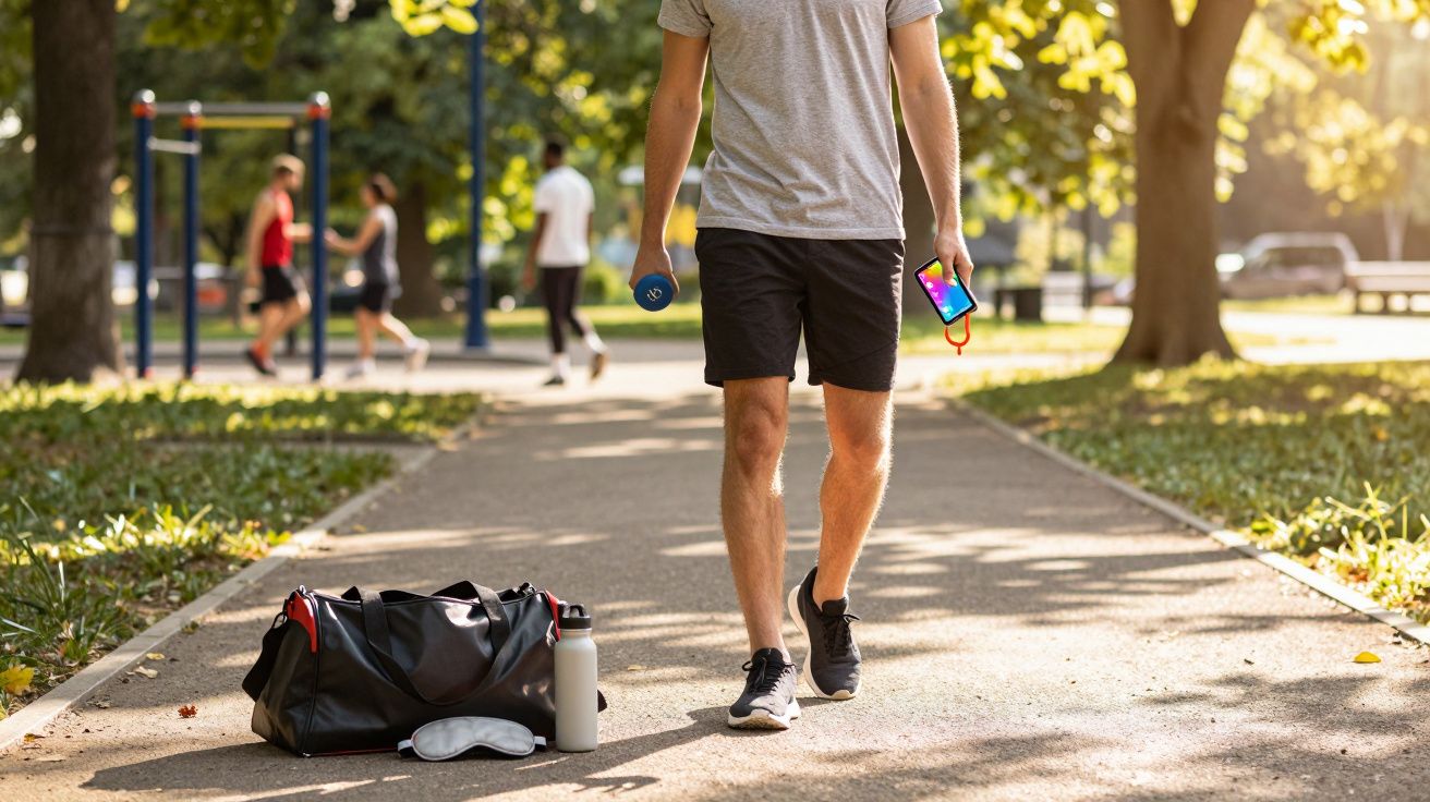 Pessoa a caminhar em parque com halteres na mão, mochila e garrafa no chão, ao amanhecer.