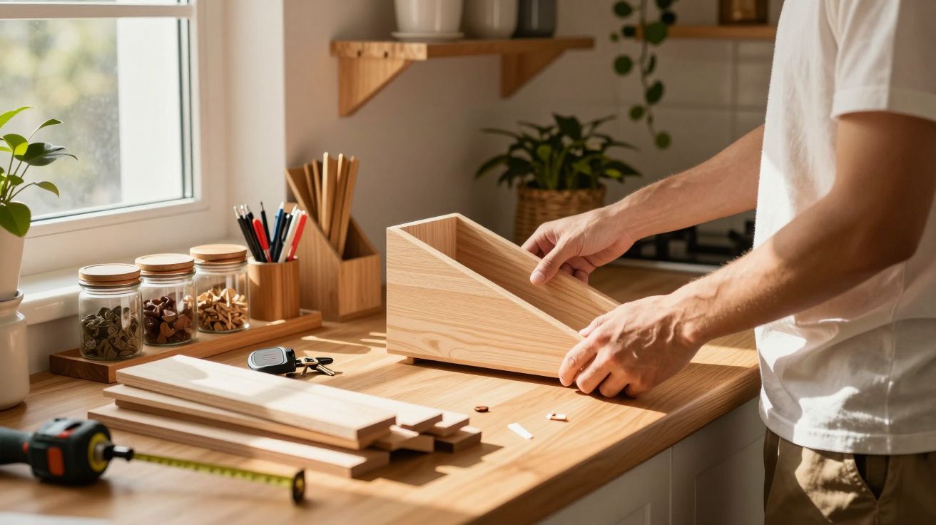 Pessoa a montar uma caixa de madeira numa bancada de cozinha com ferramentas e materiais de carpintaria.
