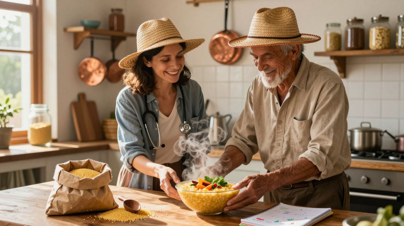 Mulher e idoso com chapéus de palha sorriem enquanto seguram tigela de sopa quente numa cozinha.