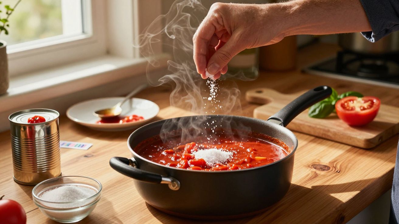 Mão a temperar molho de tomate fumegante numa panela numa cozinha com ingredientes frescos ao fundo.