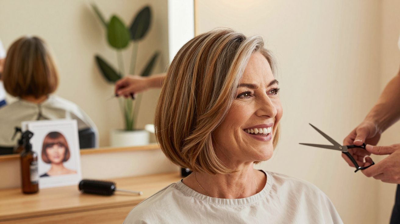 Mulher sorridente sentada em cabeleireiro, prestes a cortar o cabelo curto e loiro.