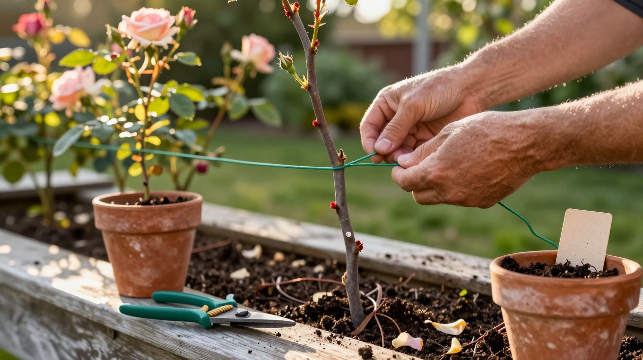 Mãos a amarrar um ramo de roseira num vaso de madeira junto a flores rosas em vasos de barro.