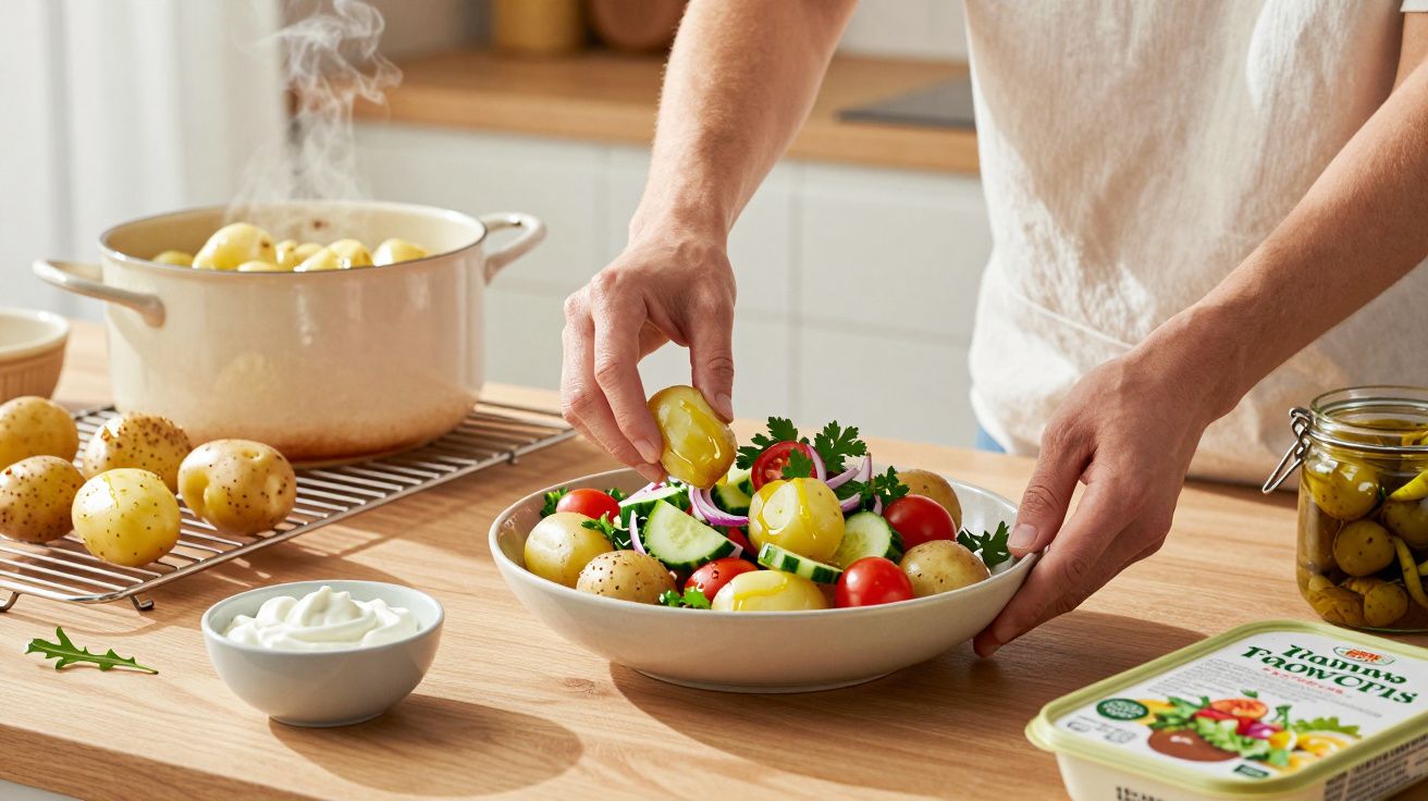 Pessoa a preparar salada com batatas, tomate cherry, pepino e ervas numa cozinha luminosa.