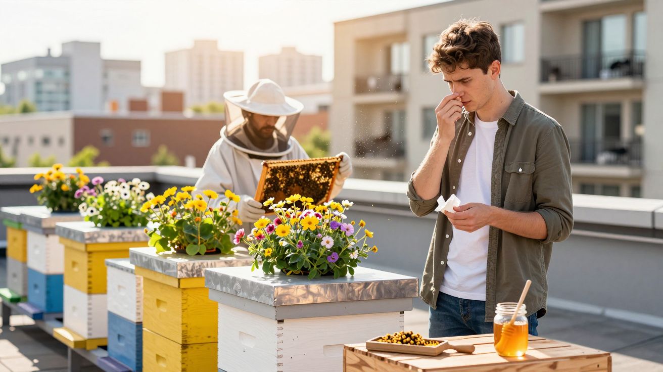 Apicultor a examinar colmeia e homem a provar mel numa varanda urbana com caixas coloridas e flores.