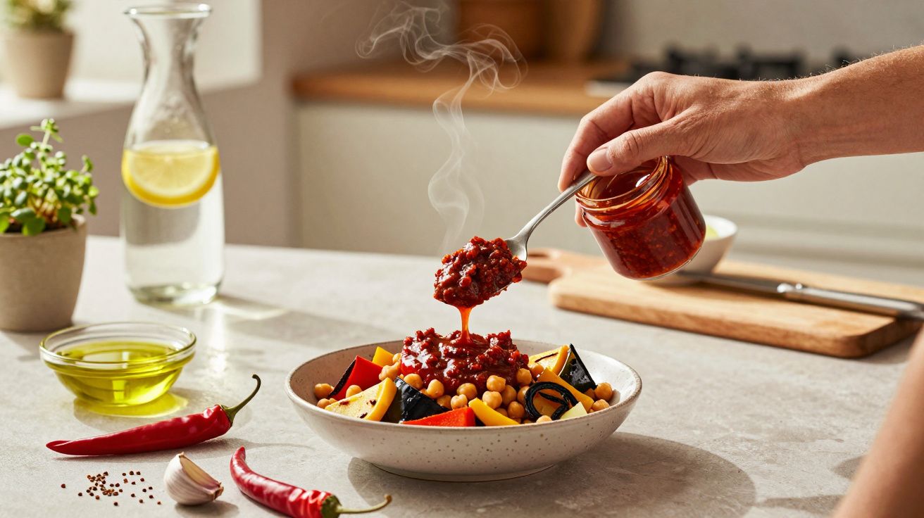 Mão a servir pasta de pimenta vermelha picante sobre prato com legumes e grão-de-bico fumegante.