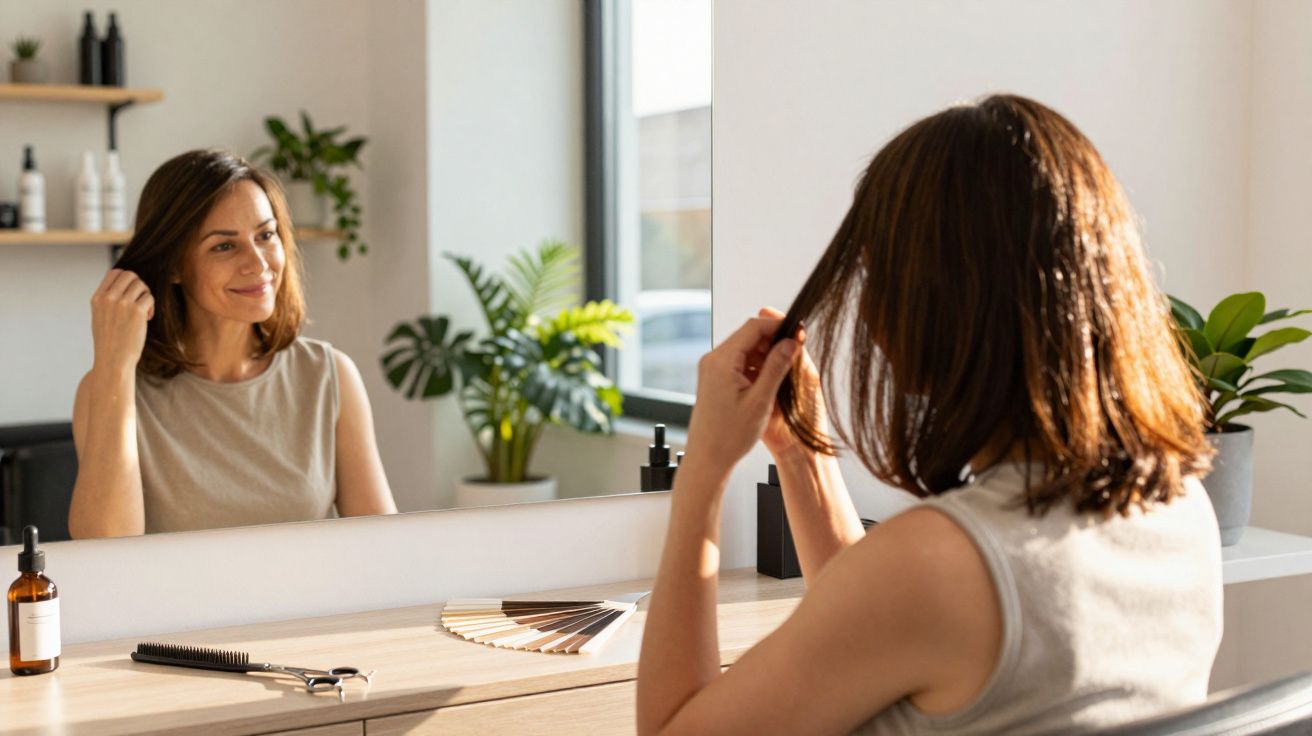 Mulher sorridente sentada em frente ao espelho, a pentear o cabelo num quarto iluminado com plantas.