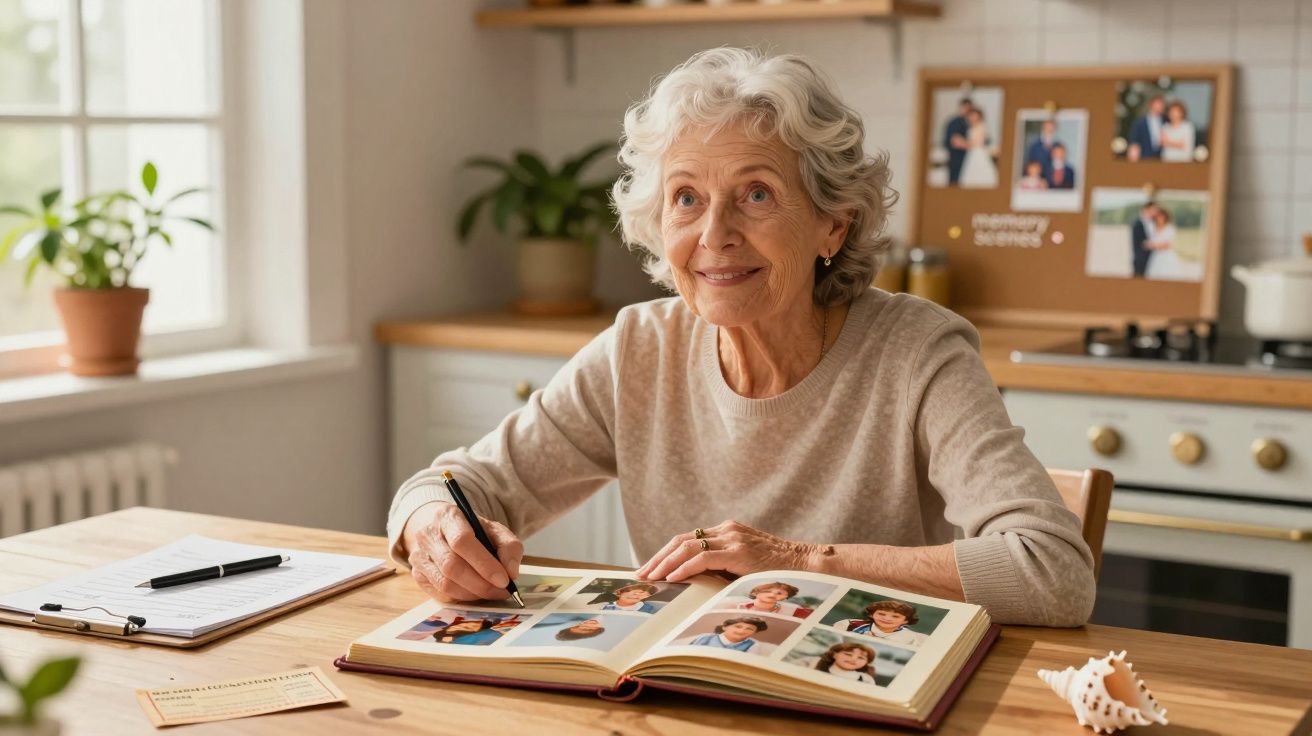 Mulher idosa sorridente a olhar e escrever num álbum de fotografias à mesa de cozinha bem iluminada.