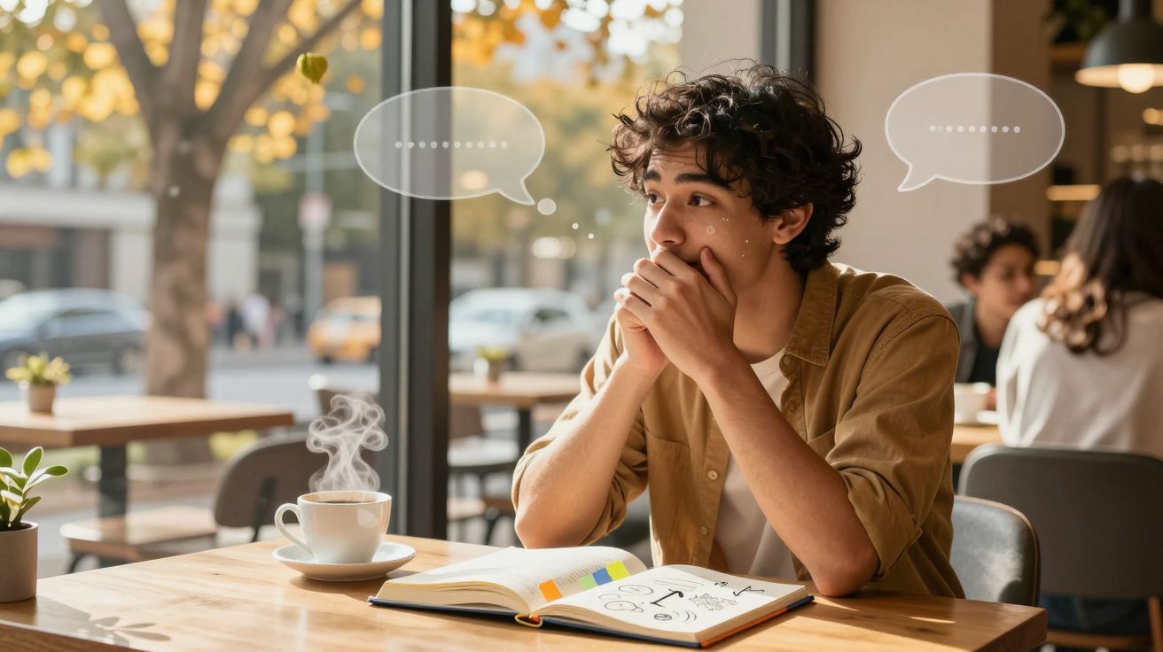 Jovem sentado numa cafetaria a pensar, com livro aberto e chá quente em frente, expressão pensativa.