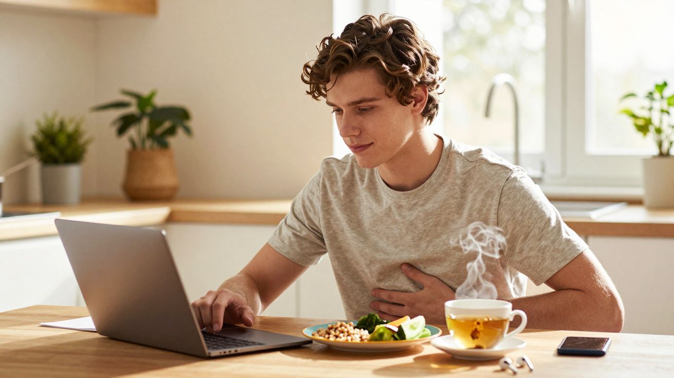 Jovem sentado a trabalhar num portátil numa cozinha, com prato de comida e chá quente em frente.