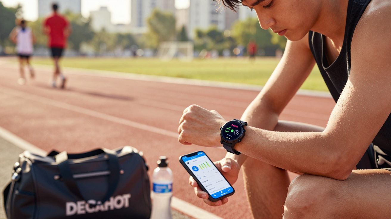 Homem numa pista de atletismo consultando smartwatch e telemóvel com dados de atividade física.