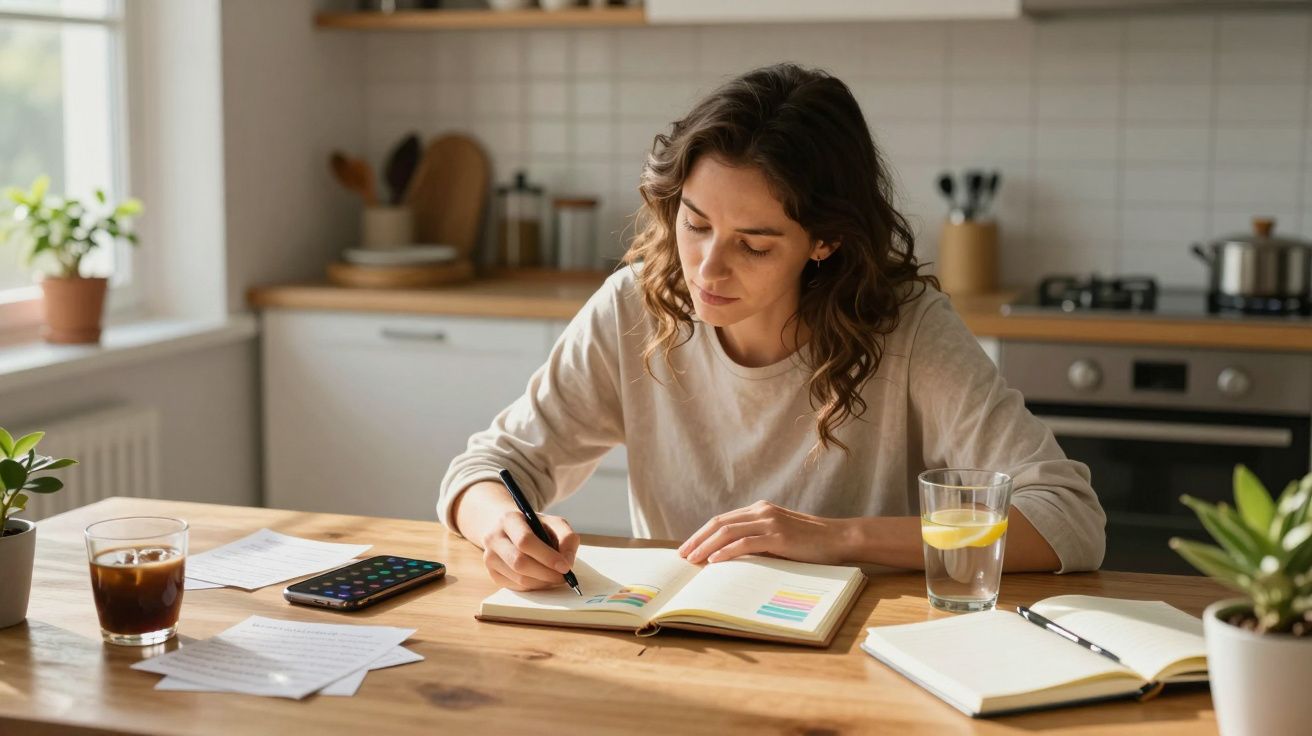 Mulher sentada à mesa da cozinha a escrever num caderno, com documentos, telemóvel e copos de água à sua frente.